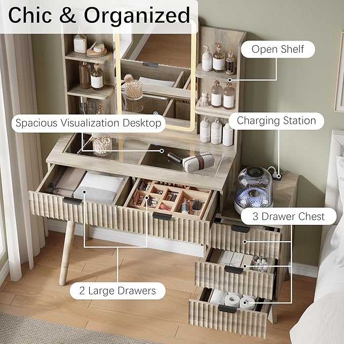 42'' Fluted Makeup Vanity Desk with LED Lights Mirror & Charging Station, Modern Glass Top Vanity Table with 5 Drawers & Open Shelves, Dressing Table for Bedroom, Living Room (Grey, 5 Drawers)