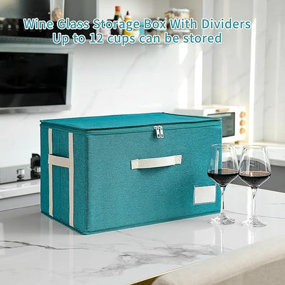 Stemware Storage Cases,Wine Glass Storage Box,with Dividers,Holds 12 Red or White Wine Glasses, Durable Glassware Storage Containers for Crystal or Stemware (Green white, 2 Stemware storage cases)