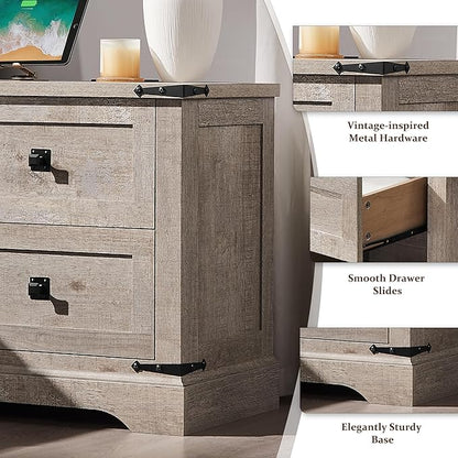T4TREAM 24" Farmhouse Nightstand with Charging Station Set of 2, Large End Table with 2 Storage Drawers, Rustic Wood Sofa Bedside Table for Bedroom, Light Rustic Oak