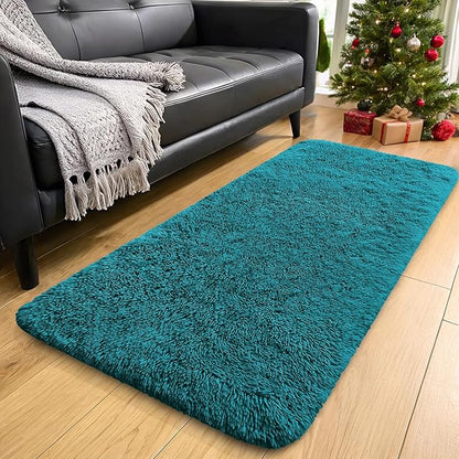 OLANLY 2x5 Machine Washable Runner Rugs for Hallway, Soft Fluffy Shaggy Bedside Rugs for Bedroom, Living Room, Indoor Floor Carpet for Kids Girls and Boys, Nursery Rooms, Home Decor Aesthetic, Teal