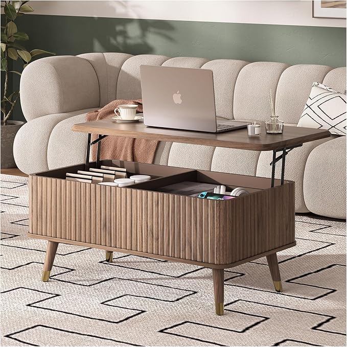 SULIVES Lift Top Coffee Table with Storage,Fluted Coffee Table with Lifting Top,Mid Century Modern Center Table with Solid Wood Legs,Small Coffee Tables for Living Room,Walnut