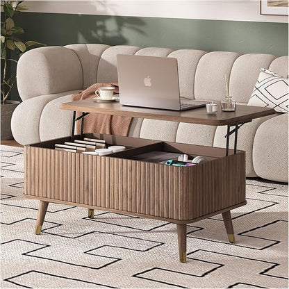 SULIVES Lift Top Coffee Table with Storage,Fluted Coffee Table with Lifting Top,Mid Century Modern Center Table with Solid Wood Legs,Small Coffee Tables for Living Room,Walnut