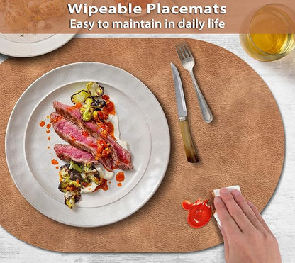 ADRIMER Placemats, Heat Resistant Oval Placemats Set of 6 Washable 12 x 17 Inch, Waterproof Table Mats, Wipeable Pu Place Mats for Kitchen, Dining Room, Sandy Light Brown