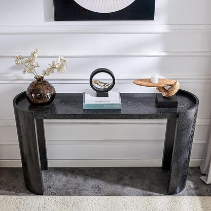 53" Console Table for Entryway, Narrow Sofa Entrance Table with Faux Mars Marble Pattern, Modern Sofa Tables with Round Raised Edge Design for Living Room, Hallway, Foyer, Home Office, Black
