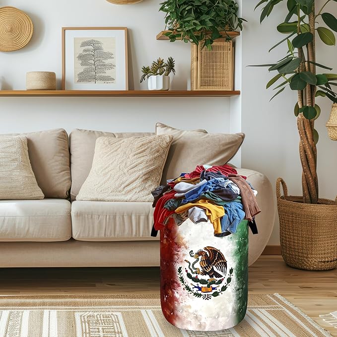 Vintage Mexican Flag Laundry Basket Oxford Cloth Foldable Mexico Laundry Hamper With Handle Portable Clothes Storage Organizer Basket 18.9 x 16.5 Inch Laundry Bag For Laundry Room/Bedroom/Bathroom