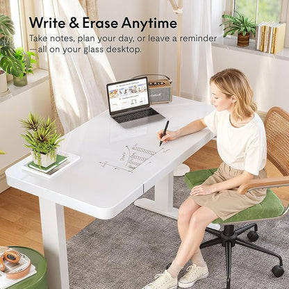 FLEXISPOT Comhar Electric Pure Glass Standing Desk with Drawer Desktop & USB Charge Ports, 48" Ergonomic Height Adjustable Sit to Stand Desk for Home Office (White, Glass)