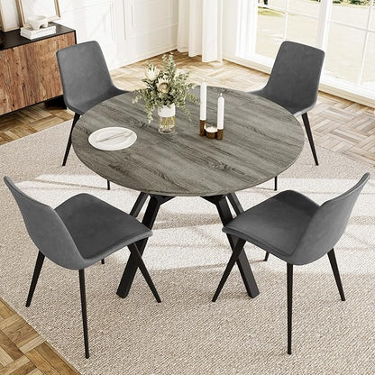 Extendable Round Dining Table Set for 4-6 People, 43.3"-59.1" Extendable Kitchen Table with 4 Upholstered Chairs, Space Saving for Kitchen Dining Room (Grey Table+4 Grey Chairs)