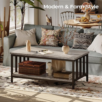 Homeiju Coffee Table for Living Room with Slatted Sides Frame, Modern Farmhouse Living Room Table with 2-Tier Storage Shelf for Home Office, Apartment, Grey Wash, 39 inch