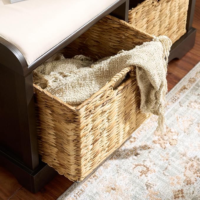 SAFAVIEH Home Collection – Freddy Dark Chocolate Storage Bench with Seat Cushion, 2 Basket Drawers, Coastal Farmhouse Entryway Design, Fully Assembled (AMH5736H)
