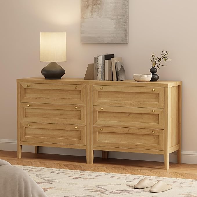 Dresser for Bedroom with 3 Drawers, Modern Closet Storage Organizer with Golden Handles, Wood Nightstand End Table for Living Room, Bedroom, Entryway, Hallway, Natural Oak