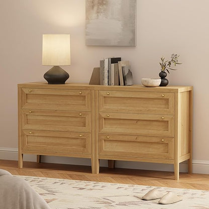 Dresser for Bedroom with 3 Drawers, Modern Closet Storage Organizer with Golden Handles, Wood Nightstand End Table for Living Room, Bedroom, Entryway, Hallway, Natural Oak