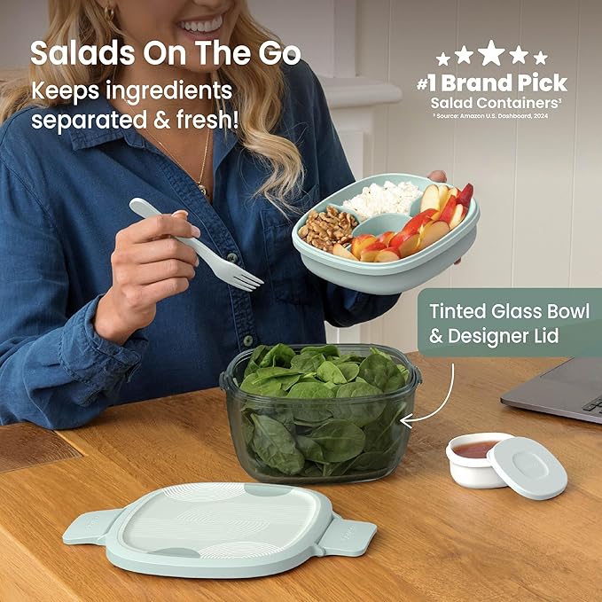 Bentgo Glass Prints Salad Container - 7.6-Cup Tinted Glass Salad Bowl with Airtight Lid, Leak-Proof Sauce Container, 4-Compartment Bento Meal Prep Tray & Reusable Fork (Mod Curve - Serene Green)