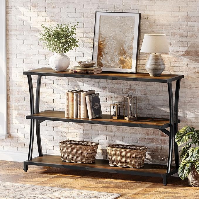 Tribesigns Industrial 3-Tier Console Table, Rustic Narrow Entryway Sofa Table with Storage Shelves for Living Room, Hallway, Foyer