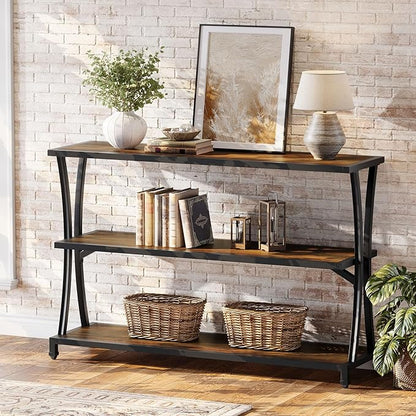 Tribesigns Industrial 3-Tier Console Table, Rustic Narrow Entryway Sofa Table with Storage Shelves for Living Room, Hallway, Foyer