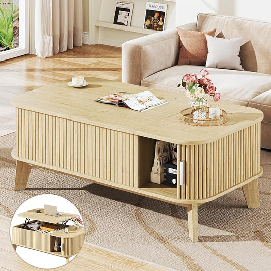 HUAHUU Coffee Table with Storage, 37.4" Lift Top Table for Living Room, Mid Century Modern Coffee Table with Sliding Fluted Doors for Small Space, Light Oak