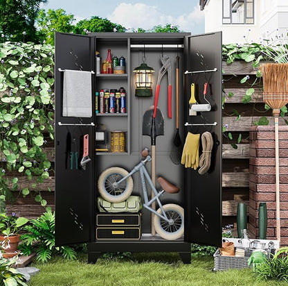 Garage Storage Cabinet 75" H,Tall Storage Shed with Lockable Doors and Stainless Steel Bottom, Black Tools Utility Chests for Office, Garage, Warehouses