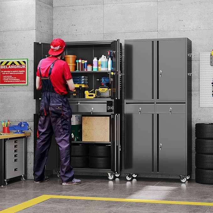 Metal Garage Storage Cabinet with 2 Drawers and 2 Adjustable Shelves, Rolling Tool Storage Cabinet with Wheels and Locking Doors for Garage, Warehouse, Black, Assembly Required