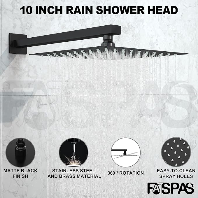 Matte Black Shower System with 10-Inch Rain Showerhead and Handheld | Innovative air-injection technology for low pressure, high-flow rate up to 3.22 GPM ensuring powerful consistent stream