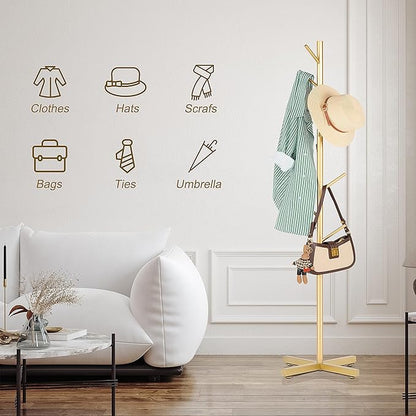 ZOZOE Metal Coat Rack Stand, Modern Coat Rack Freestanding with 8 Hooks, Coat Racks Easy to Assemble, Coat Tree Stand for Bags, Hats, Entryway, Office (Golden)