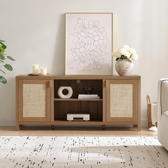 SICOTAS TV Stands for Living Room : Rattan TV Console Cabinet with Storage and Shelf, Boho Entertainment Center, 59" Media Console for 55, 65 Inch TV, 26" Tall Television Stands, Oak