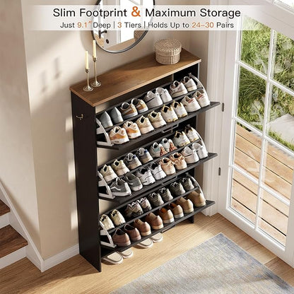 Nicetree Shoe Storage Cabinet for Entryway, 9.1" Ultra Slim 3-Drawer Flip Shoe Cabinet, Modern Black Farmhouse Hidden Shoe Organizer, Narrow Shoe Rack for Small Spaces