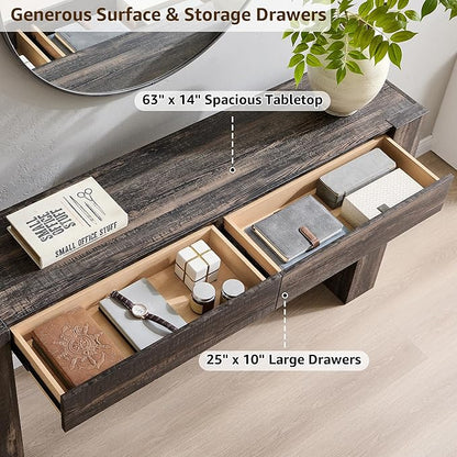 OKD Modern Entryway Console Table, Sofa Table with Drawers, 63" Long Hall Table Behind Couch, Thick Wood Design for Living Room, Hallway - Dark Rustic Oak