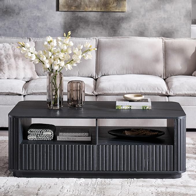 ACCOHOHO 51" Fluted Coffee Table with Storage, Large Modern Center Table with 2 Drawers, Rectangle Wood Coffee Table for Living Room, Black