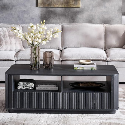 ACCOHOHO 51" Fluted Coffee Table with Storage, Large Modern Center Table with 2 Drawers, Rectangle Wood Coffee Table for Living Room, Black