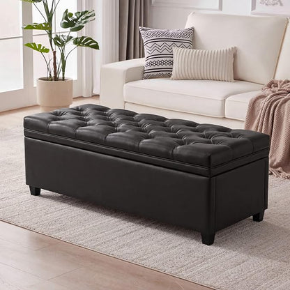 Mangodan 43" Storage Ottoman Bench, Tufted Ottoman with Storage for Living Room, Large End of Bed Ottomans, Modern Entryway Benchs, Window & Bedroom Benches for Foot of Bed (Faux Leather Black)