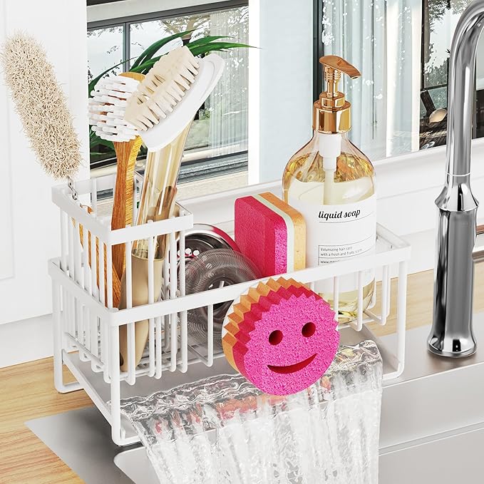 Taugast Sponge Holder for Kitchen Sink,Smiley Face Sink Caddy with Removable Brush Holder,Self-Draining Sponge Caddy for Soap,Dish Brush,Scrubber,Kitchen Essentials and Gadgets-White