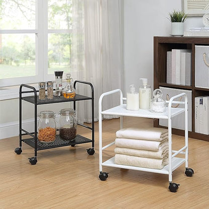 SunnyPoint 2-Tier Metal Rolling Utility Cart – Mobile Storage Shelf with Caster Wheels – Small Space Organizer for Home, Office, Bedroom, Kitchen (WHT) (Pack of 2)