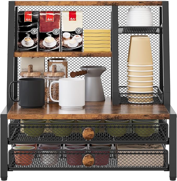 TQVAI Coffee Bar Organizer, Maximize Small Countertop Space, 70 Standard Capsules Capacity with Sliding Pods Drawer, 4-Tier Coffee Station Organizer for Home Kitchen Office Commercial
