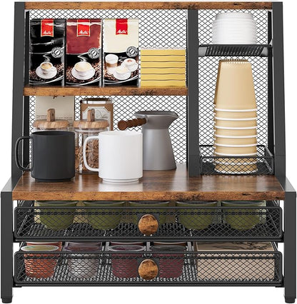 TQVAI Coffee Bar Organizer, Maximize Small Countertop Space, 70 Standard Capsules Capacity with Sliding Pods Drawer, 4-Tier Coffee Station Organizer for Home Kitchen Office Commercial