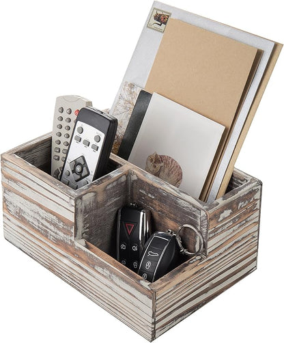 MyGift TV Remote Control Holder, Wood Desktop Office Stationery Organizer Tray with 3 Compartment, Multipuprose Caddy Organizer and Media Storage, Rustic Torched
