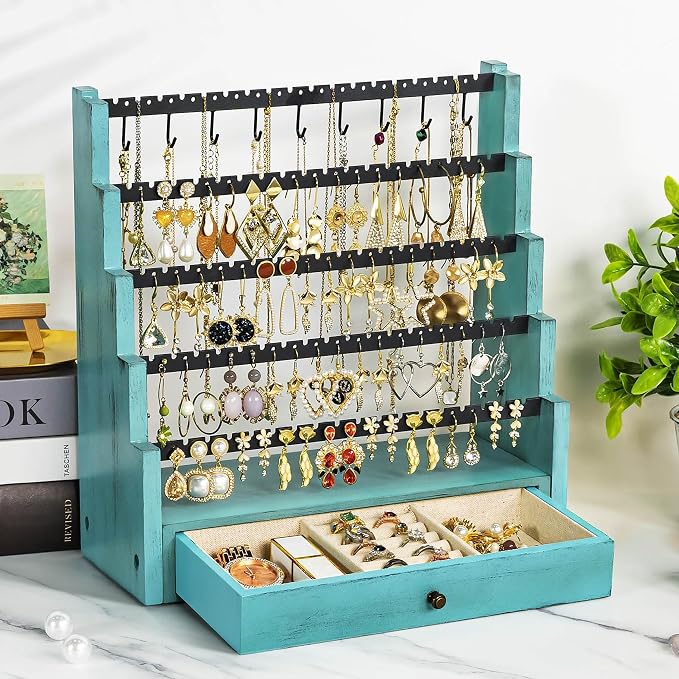 Pinzoveco Earring Organizer, 5 Layer Earring Holder Organizer with Necklace Holder Pole, Rustic Wood Jewelry Organizer Stand Display for Stud Earring Bracelet Necklace Ring, 175 Earring Holes