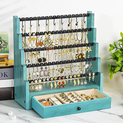 Pinzoveco Earring Organizer, 5 Layer Earring Holder Organizer with Necklace Holder Pole, Rustic Wood Jewelry Organizer Stand Display for Stud Earring Bracelet Necklace Ring, 175 Earring Holes