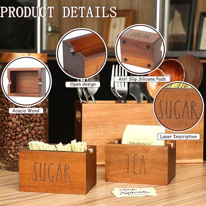 Acacia Sugar Packet Caddy for Coffee Bar, Farmhouse Wood Sugar Holder Packets , Sugar Packet Container, Small Tea Bag Organizer for Office Table,Hotel, Restaurant (Brown-Labeled SUGAR)