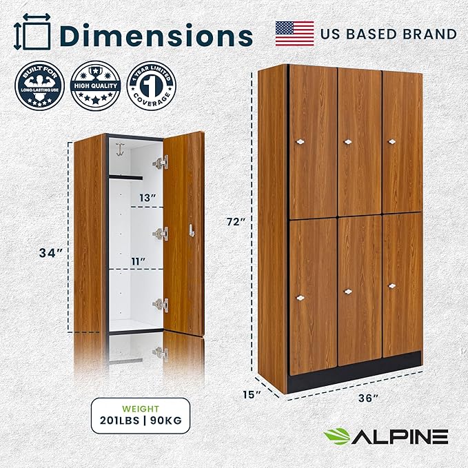 Alpine 6 Door Wooden Locker Cabinet - 72" Expandable Commercial Storage Lockers for Gym, Spa, Office & Golf Club - Includes Metal Base & Lock-Ready Handles, Triple Column 2 Tier - Oak