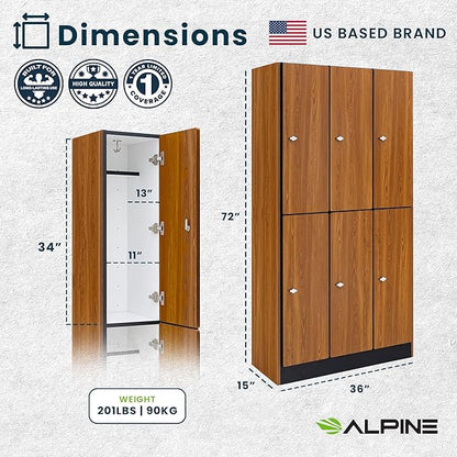 Alpine 6 Door Wooden Locker Cabinet - 72" Expandable Commercial Storage Lockers for Gym, Spa, Office & Golf Club - Includes Metal Base & Lock-Ready Handles, Triple Column 2 Tier - Oak