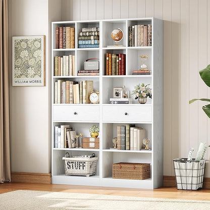IRONCK Bookcase and Bookshelves, 70" Tall Bookshelf Floor Standing 6 Tiers Display Storage Shelves, Book Shelf with Drawers for Home Office, Living Room, Bedroom, Library, White