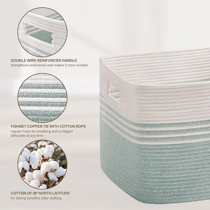 86L Large Laundry Basket for Living Room Storage,Woven Rope Baskets for Blanket,Kids Toy,Gifts,Wicker Hamper for Bedroom Dirty Clothes,24"x16"x14" White Green