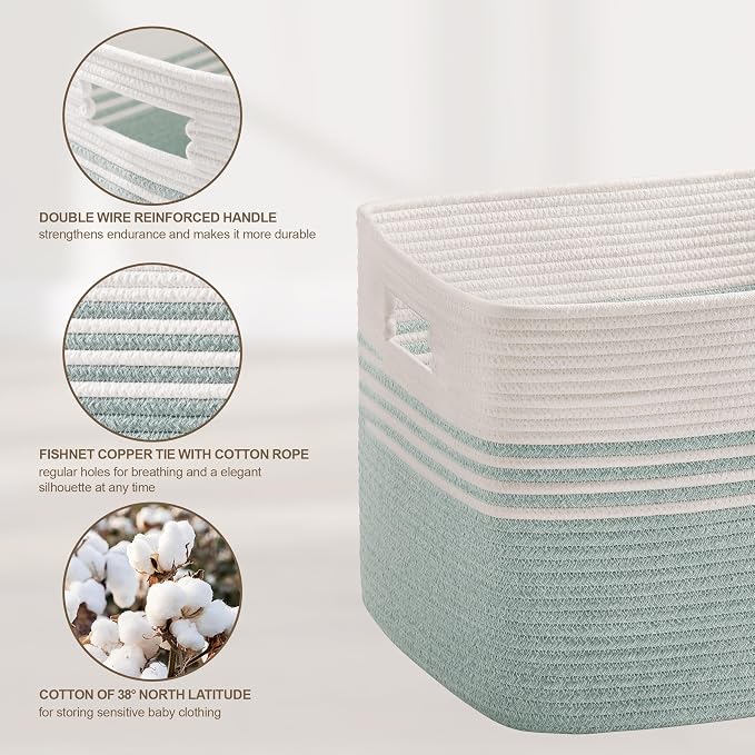 60L Laundry Basket for Living Room Storage, Woven Rope Baskets Bin for Blanket, Kids Toy, Gifts, Wicker Hamper for Bedroom Dirty Clothes, White Green