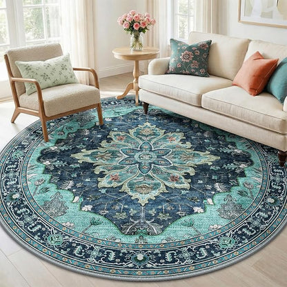 RELEANY Area Rugs Round 6ft Washable Non-Slip, Floral Vintage Distress Medallion Carpet for Living Room Bedroom Dining Room, Teal Green Lake Blue Turquoise