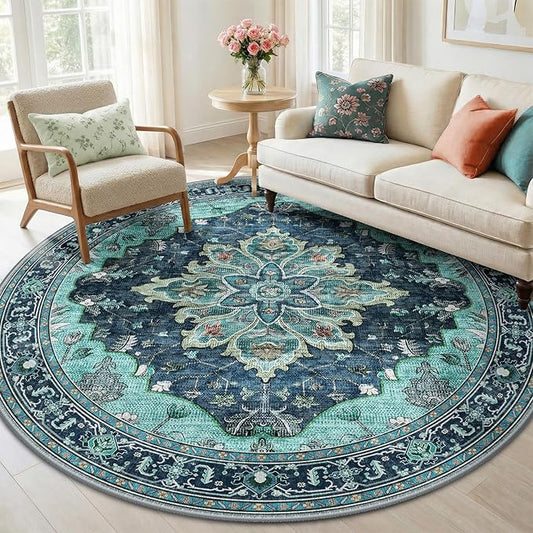 RELEANY Area Rugs Round 6ft Washable Non-Slip, Floral Vintage Distress Medallion Carpet for Living Room Bedroom Dining Room, Teal Green Lake Blue Turquoise