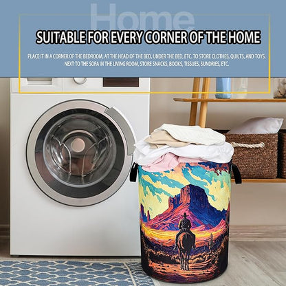 Western Cowboy Laundry Basket Desert Mountains Foldable Oxford Cloth Funny Tote Bag Laundry Hamper Clothes Storage Bucket Toy Organizer For Bathroom/Laundry Storage/Bedroom 18.9x16.5 Inch