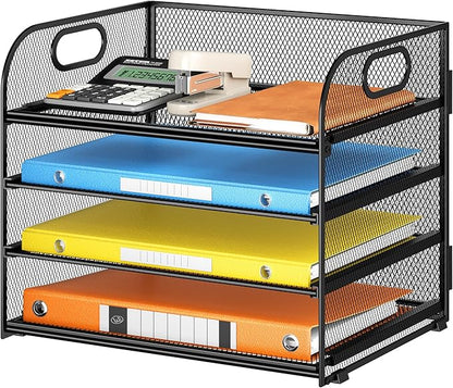 Lavatino Paper Organizer for Desk, 4-Tier Desk Organizer Tray, Mesh Desktop File Organizers with Handle, Office Classroom Organization and Storage-Black