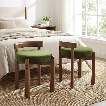 HNY Velvet Makeup Stool in Vintage Green: Compact Round Ottoman Chair with Wooden Legs, Perfect for Small Spaces Like Entryway, Cloakroom & Boudoir