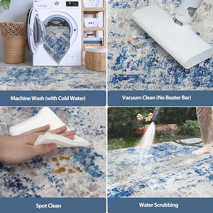 10x14 Area Rugs for Living Room Rug Washable: Abstract Large Rug Indoor Modern Carpet Non Slip for Dining Room Bedroom Nursery Home Office Blue Grey White