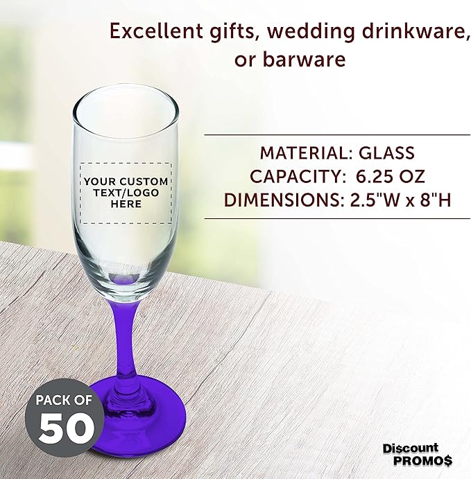 DISCOUNT PROMOS Custom Premiere Champagne Flutes 6.25 oz. Set of 50, Personalized Bulk Pack - Elegant Drinkware for Weddings, Events, & Promotional Gifts - Purple