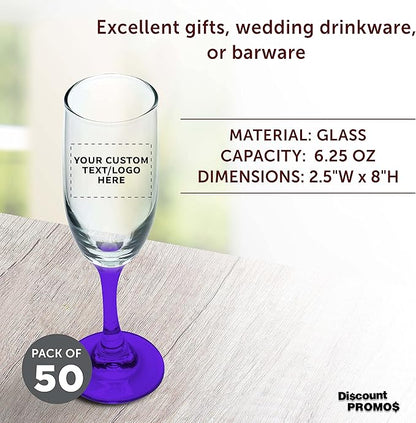DISCOUNT PROMOS Custom Premiere Champagne Flutes 6.25 oz. Set of 50, Personalized Bulk Pack - Elegant Drinkware for Weddings, Events, & Promotional Gifts - Purple